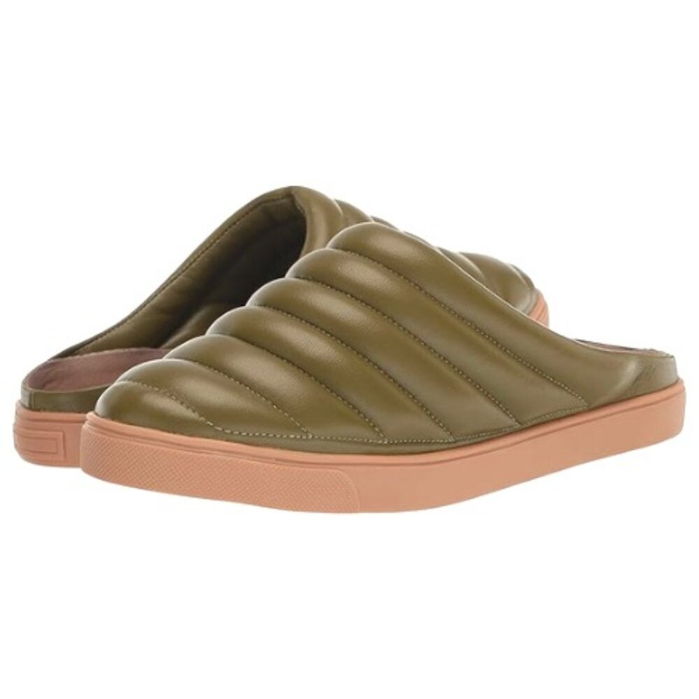 Olive Quilted Slide Mules with Tan Sole